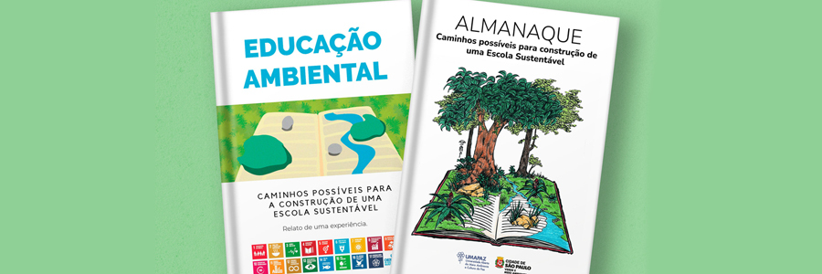 Dois livros, ambos com capa branca; do lado direito escrito Almanaque Caminhos Possíveis para a Construção de Uma Escola Sustentável; do esquerdo, escrito Educação Ambiental
